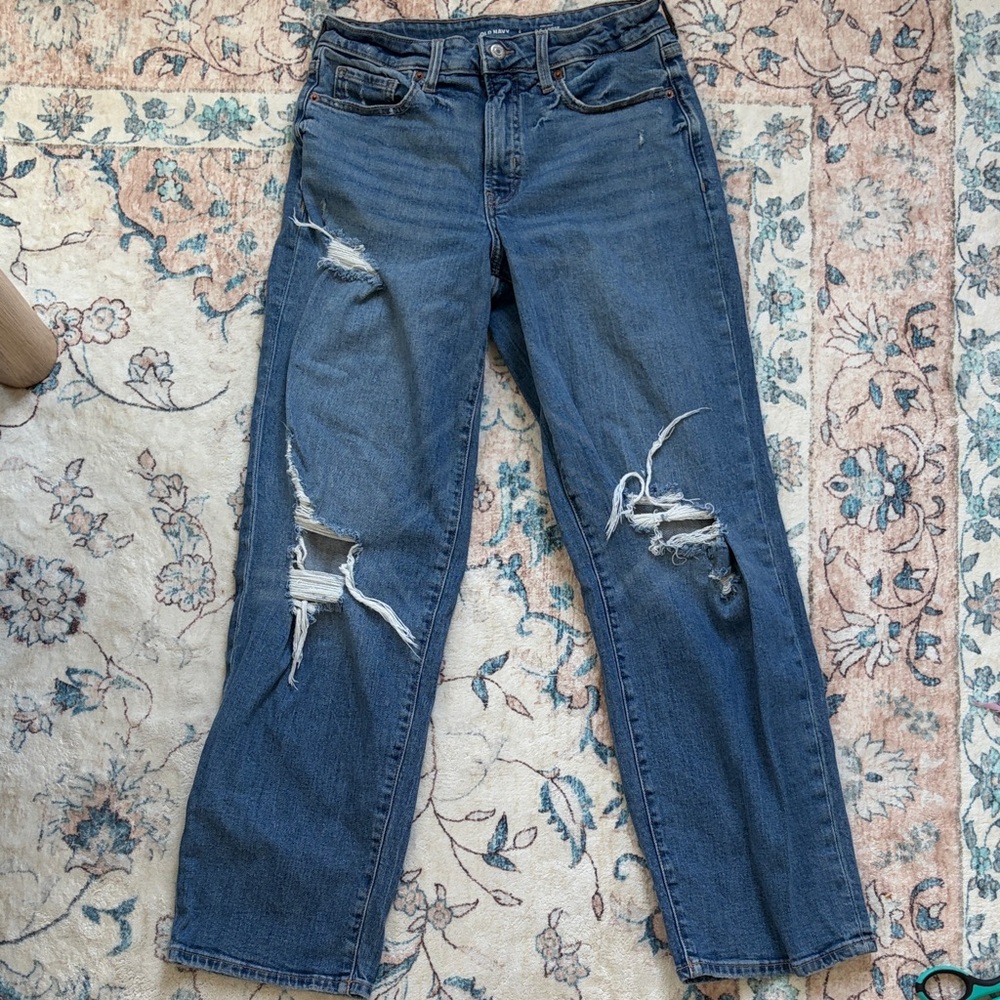 Old Navy Distressed Dark Blue Straight-Leg Jeans - loose fit